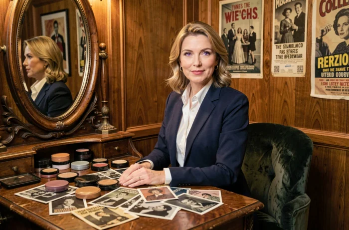 Femme aux yeux violets assise devant une coiffeuse vintage dans une loge d'actrice évoquant le glamour hollywoodien classique