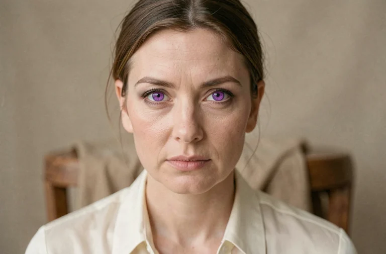 Portrait rapproché d'une actrice aux yeux violets naturels, regard direct et expressif, style éditorial réaliste