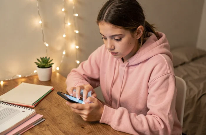 Adolescente concentrée sur son téléphone dans sa chambre lisant une conversation Snapchat avec un cœur jaune