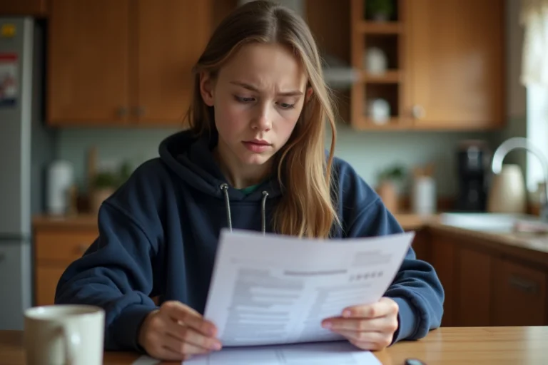 Adolescente lisant son bulletin scolaire à la table de cuisine familiale