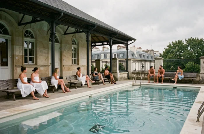 Groupe de nageurs adultes se relaxant sur le bord de la piscine extérieure de la Butte aux Cailles lors d'une session modérément fréquentée, toits parisiens en arrière-plan