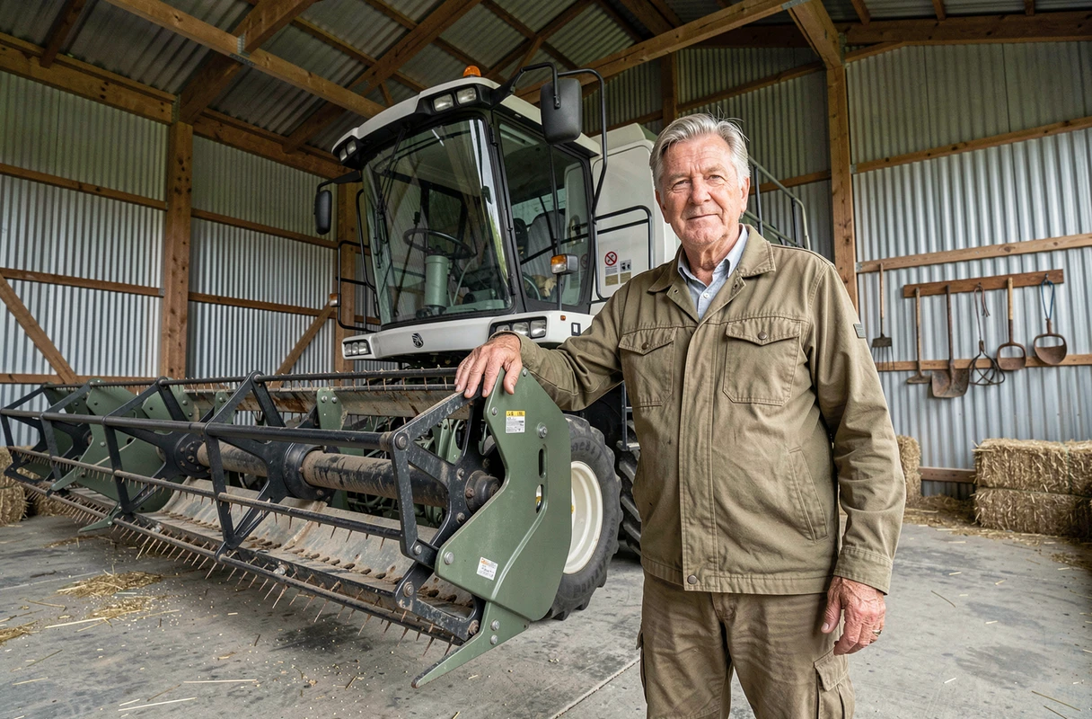 Agriculteur français aux côtés d'une moissonneuse-batteuse moderne dans une grande grange, témoignant de son ascension économique