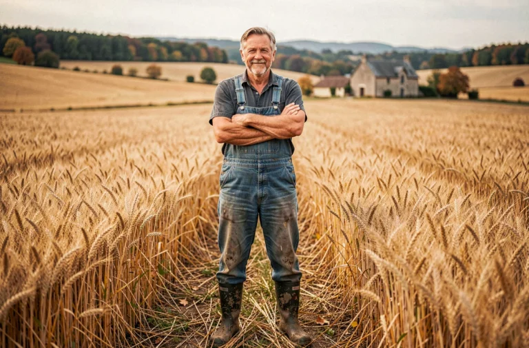 Agriculteur français souriant dans un champ de blé doré en automne, symbole de réussite rurale