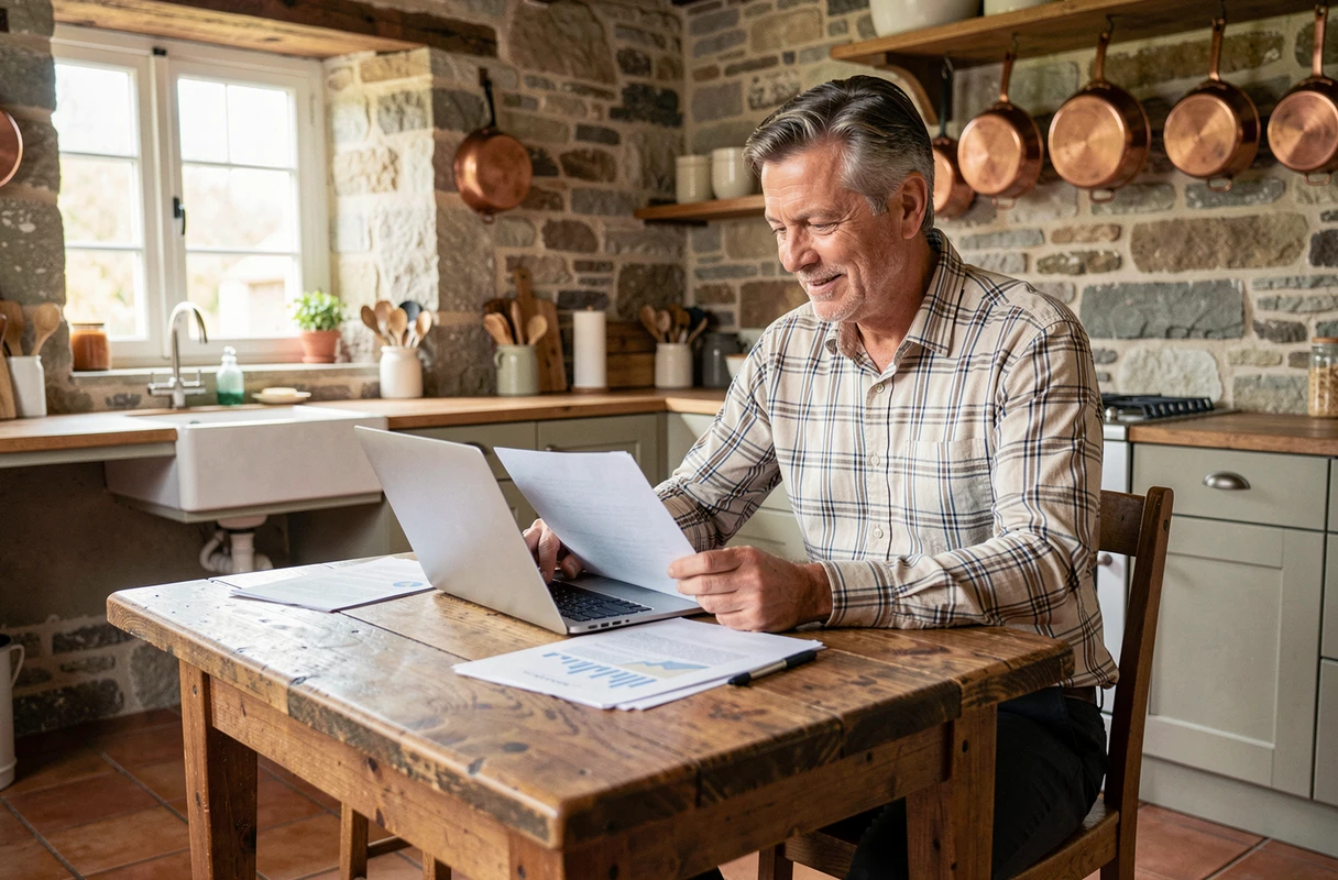 Agriculteur prospère examinant des documents financiers dans une ferme rénovée en pierre, alliant tradition et modernité