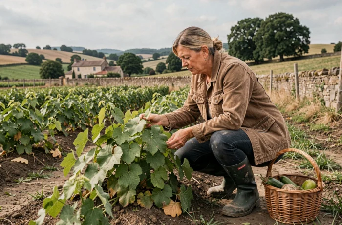 Agricultrice française inspectant ses cultures dans un domaine familial en pleine campagne