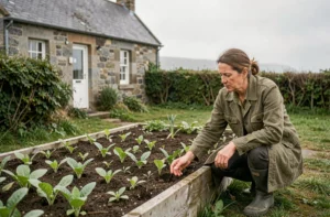 Agricultrice bretonne inspectant des plants biologiques devant une ferme en pierre traditionnelle, illustrant l'agriculture durable en Bretagne
