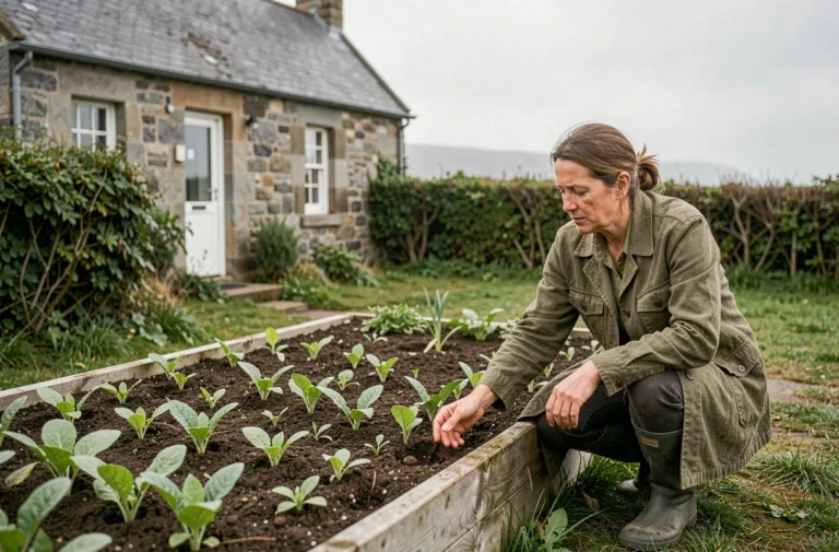 Agricultrice bretonne inspectant des plants biologiques devant une ferme en pierre traditionnelle, illustrant l'agriculture durable en Bretagne
