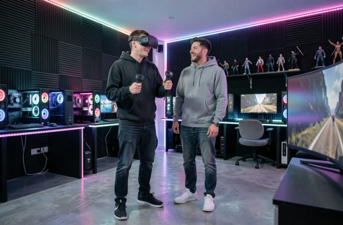 Deux amis geeks testant un casque de réalité virtuelle dans un gaming lounge moderne avec setup PC et décoration high-tech tendance