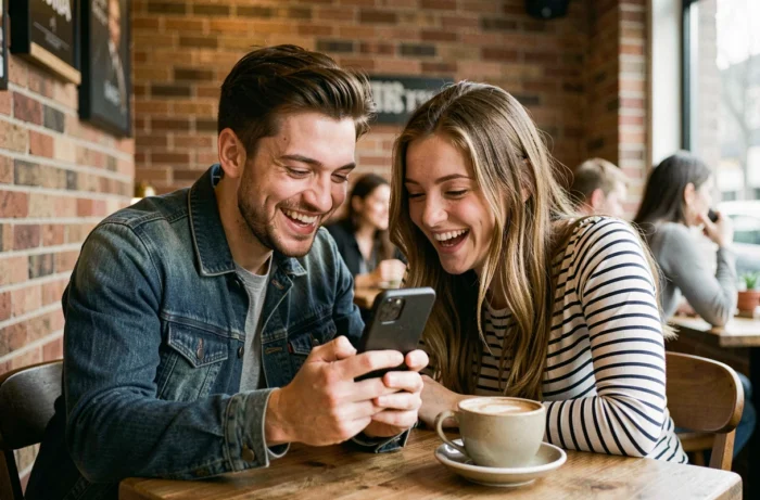 Deux amis riant ensemble devant un smartphone affichant Snapchat dans un café urbain