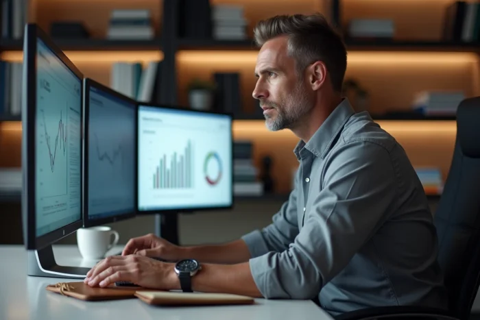 Homme d'affaires analysant des tableaux de bord et graphiques de croissance sur deux écrans dans un bureau privé, représentant les outils et services essentiels pour développer une entreprise