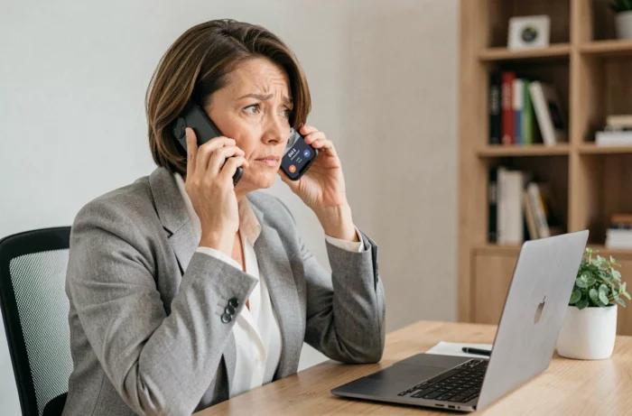 Femme en train de recevoir un appel téléphonique avec un numéro commençant par l'indicatif 04 12 sur son smartphone