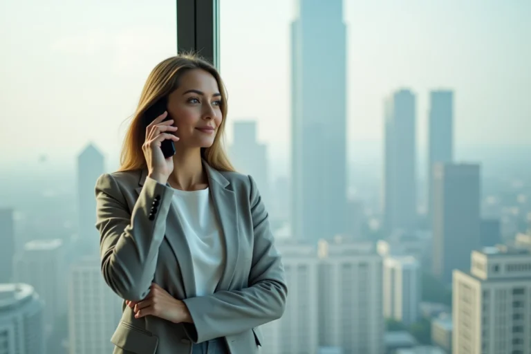 Femme professionnelle passant un appel international avec indicatif +39 Italie sur smartphone