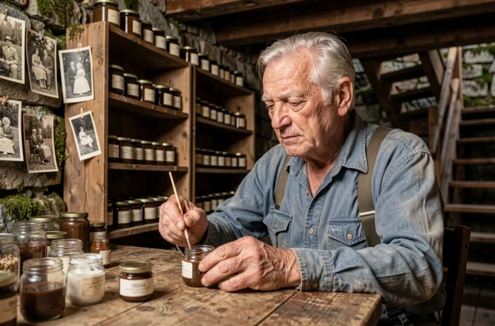 Artisan âgé étiquetant des produits faits maison dans une cave traditionnelle en pierre d'une entreprise familiale française