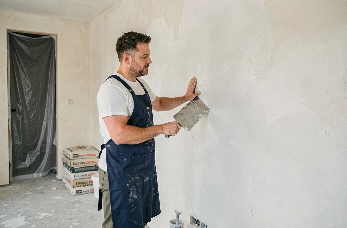 Artisan appliquant du plâtre blanc sur un mur en cours de rénovation dans une pièce avec sol en béton brut