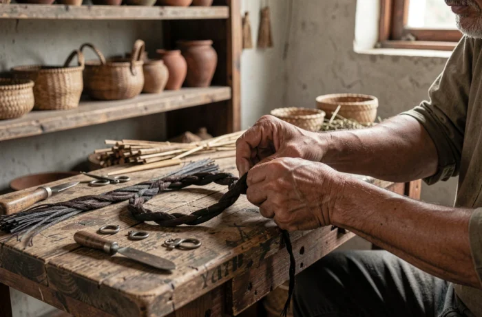 Craftsman hand-assembling an elephant hair bracelet on a wooden workbench, traditional artisanal manufacturing process