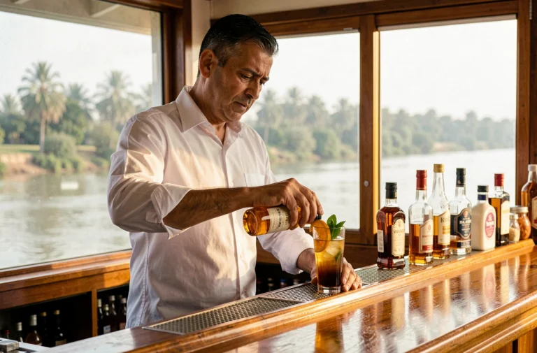 Barman en uniforme blanc préparant un cocktail à bord d'une croisière sur le Nil en Égypte