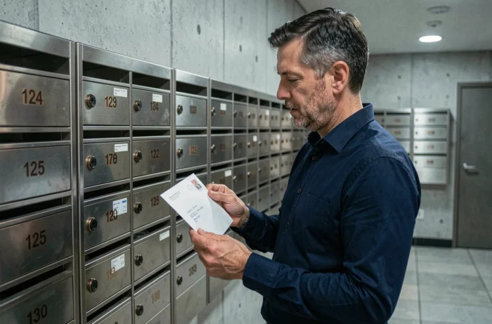 Homme consultant une enveloppe avec adresse postale devant les boîtes aux lettres d'un immeuble d'appartements