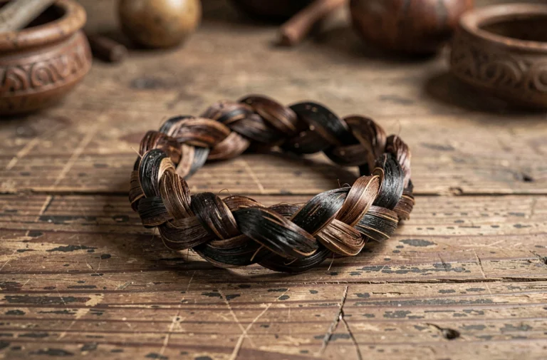 Bracelet en poil d'éléphant tressé posé sur une surface en bois rustique, gros plan macro montrant la texture naturelle des fibres