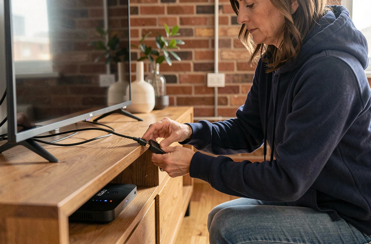 Femme branchant un boîtier IPTV sur le port HDMI d'une télévision dans un appartement moderne