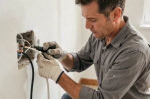 Électricien professionnel connectant un fil blanc et un fil noir dans une prise murale domestique
