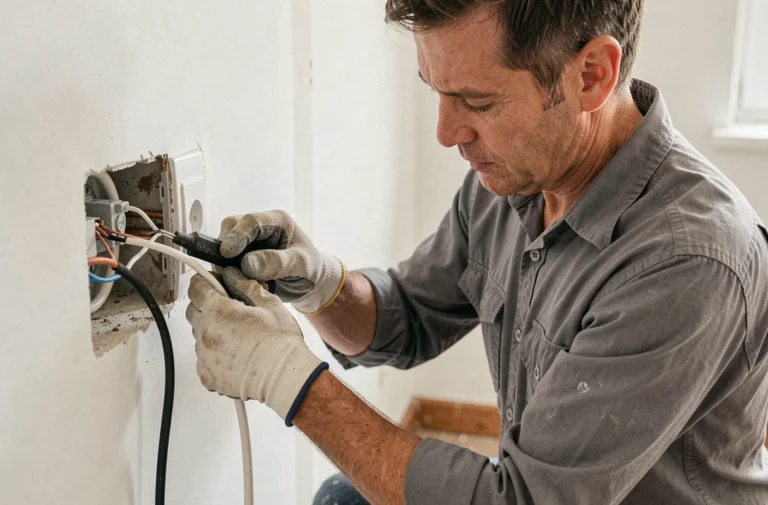 Électricien professionnel connectant un fil blanc et un fil noir dans une prise murale domestique