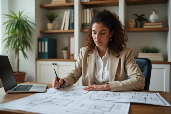 Femme consultant des plans de surface habitable et un formulaire fiscal sur ordinateur portable dans un bureau à domicile