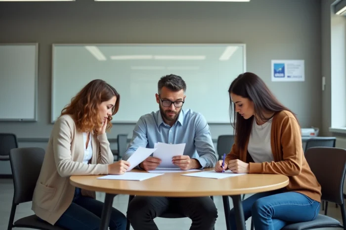 Groupe de candidats préparant leur titre professionnel autour d'une table dans un centre de formation