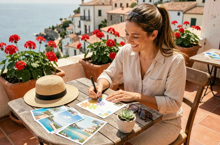 Femme écrivant des cartes postales de vacances sur une terrasse méditerranéenne ensoleillée avec chapeau de paille et lunettes de soleil