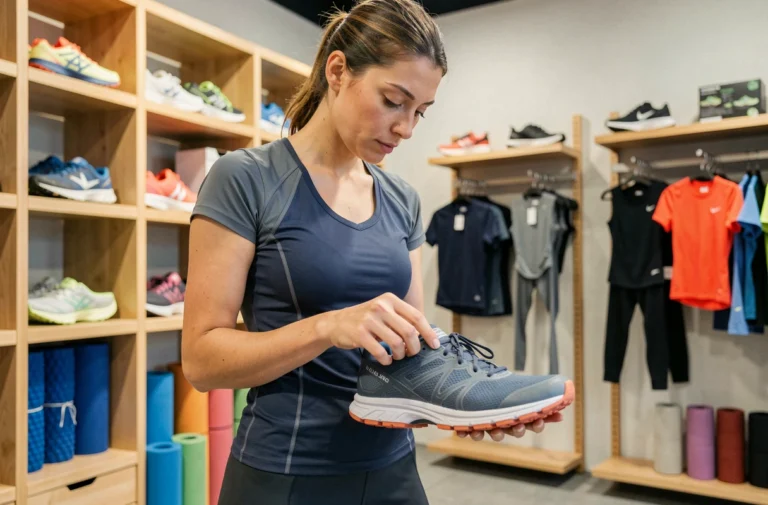 Femme en tenue de running examinant des chaussures de trail dans un magasin de sport moderne pour choisir le bon équipement