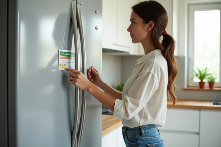 Femme examinant l'étiquette énergétique d'un réfrigérateur dans une cuisine moderne pour choisir la meilleure classe énergétique