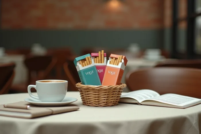 Plusieurs paquets de cigarettes Vogue colorés disposés dans un panier en osier sur une table de café parisien