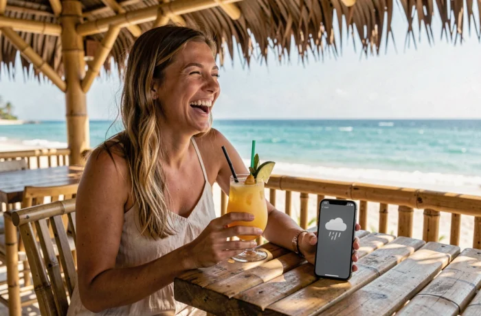 Femme hilare en vacances à la plage tenant un cocktail tropical avec un smartphone affichant une icône météo pluvieuse, clin d'œil au collègue resté au bureau