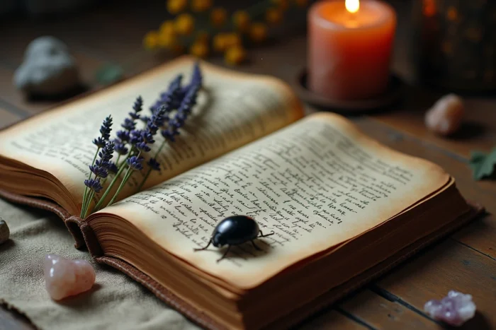 Coccinelle noire sur un vieux livre ouvert entouré de cristaux et de lavande séchée, illustrant le symbolisme ésotérique et spirituel de l'insecte