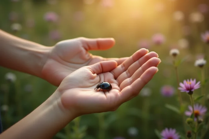Coccinelle noire posée sur la paume d'une femme dans un jardin fleuri, évoquant un message spirituel et une connexion ésotérique avec la nature
