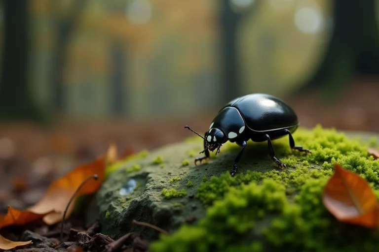 Coccinelle noire brillante posée sur une pierre recouverte de mousse dans une forêt mystérieuse, symbolisant la spiritualité et l'ésotérisme