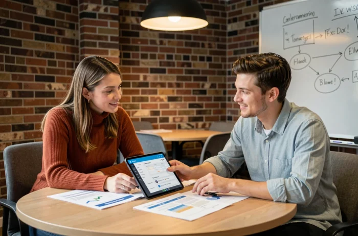 Deux professionnels du marketing collaborant autour d'outils alternatifs pour améliorer leur visibilité numérique