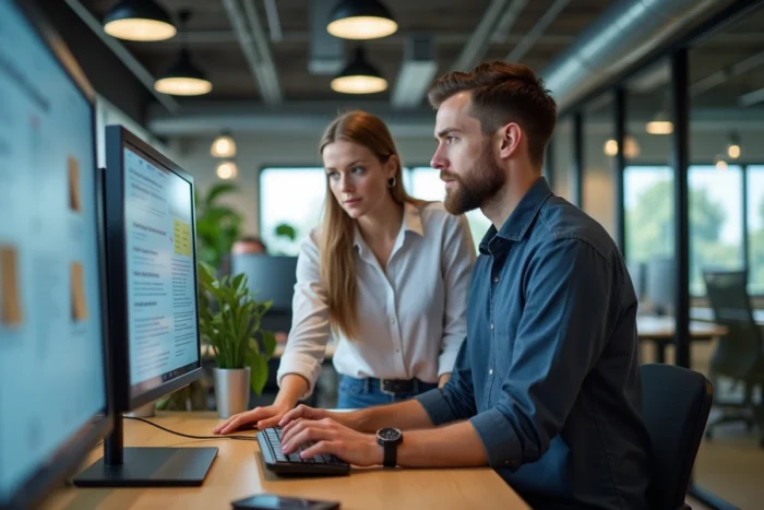 Deux collègues analysant des actualités high-tech sur un forum web dans un bureau collaboratif moderne