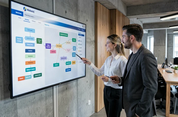 Deux collègues analysant ensemble le plan du site Maison Future Co affiché sur un grand écran mural en espace de coworking