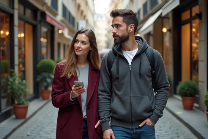 Deux collègues utilisant l'application Waze piéton sur une rue commerçante pavée pour simplifier leur trajet urbain