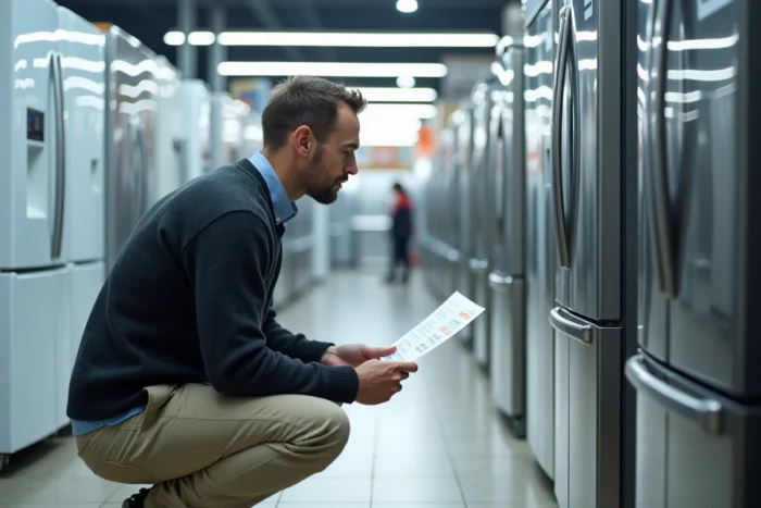 Homme comparant les étiquettes de classe énergétique de deux réfrigérateurs dans un magasin d'électroménager