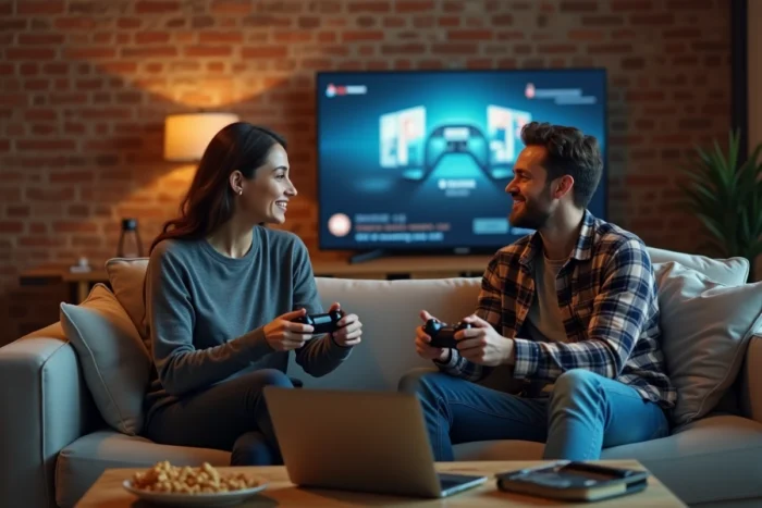 Deux joueurs adultes comparant des plateformes alternatives à Veryleak pour le gaming en salon