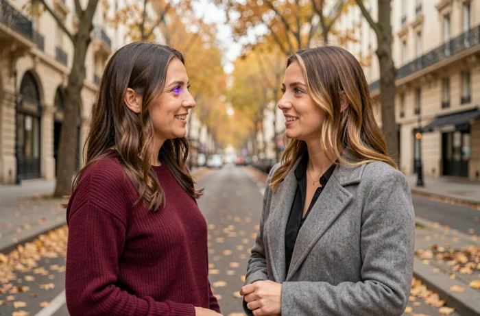 Comparaison réaliste de couleurs d'yeux naturelles entre deux femmes sur un boulevard parisien en automne, dont une aux yeux violets