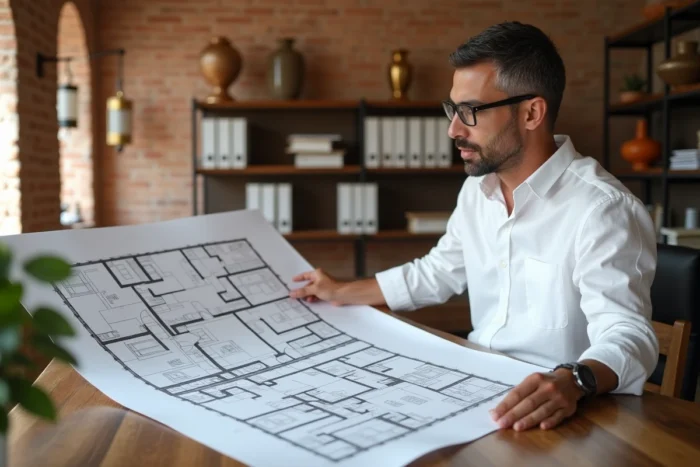 Architecte marocain comparant les plans d'un riad clé en main et d'un bien à rénover dans une agence immobilière à Marrakech