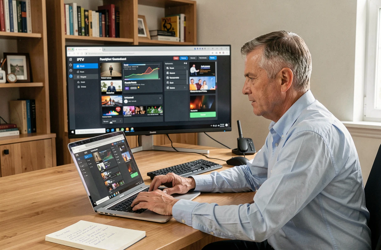 Homme configurant une application IPTV sur ordinateur portable avec télévision intelligente en arrière-plan