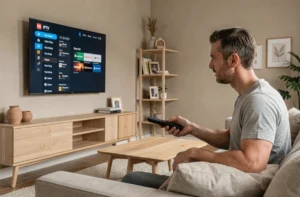 Homme connectant un service IPTV sur sa télévision dans un salon moderne avec télécommande