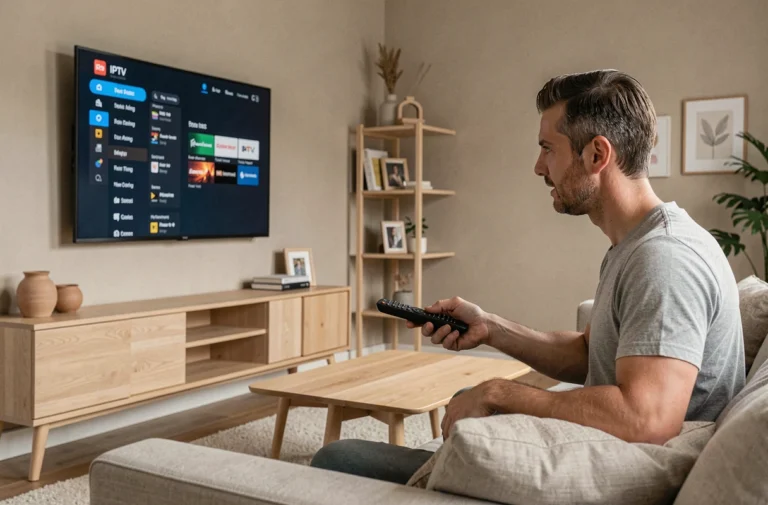 Homme connectant un service IPTV sur sa télévision dans un salon moderne avec télécommande