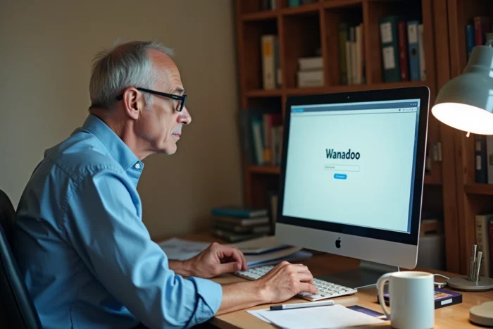 Homme senior consultant sa messagerie Wanadoo sur un ordinateur de bureau dans un bureau à domicile