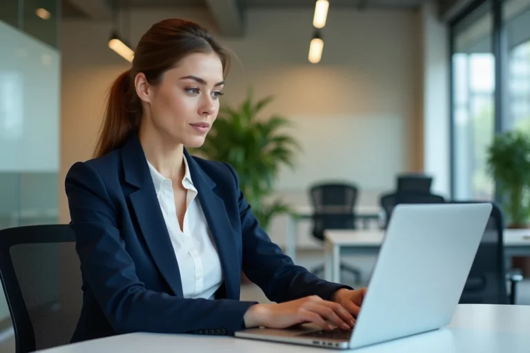 Employée BNP Paribas connectée au portail RH Alis sur son ordinateur portable au bureau