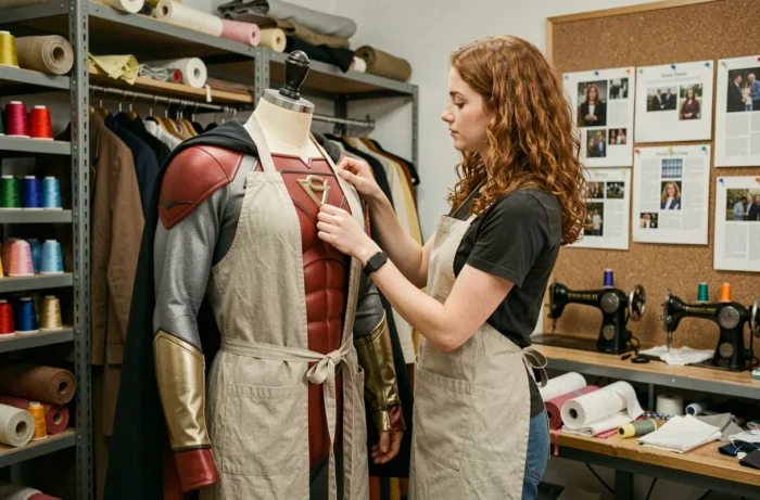 Costumière ajustant un costume de superhéroïne sur un mannequin dans un atelier de création de costumes de cinéma