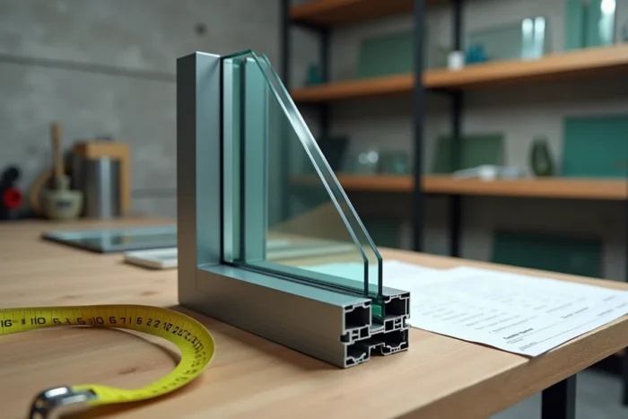 Gros plan sur une coupe transversale de double vitrage avec ruban de mesure et devis dans un atelier de vitrerie